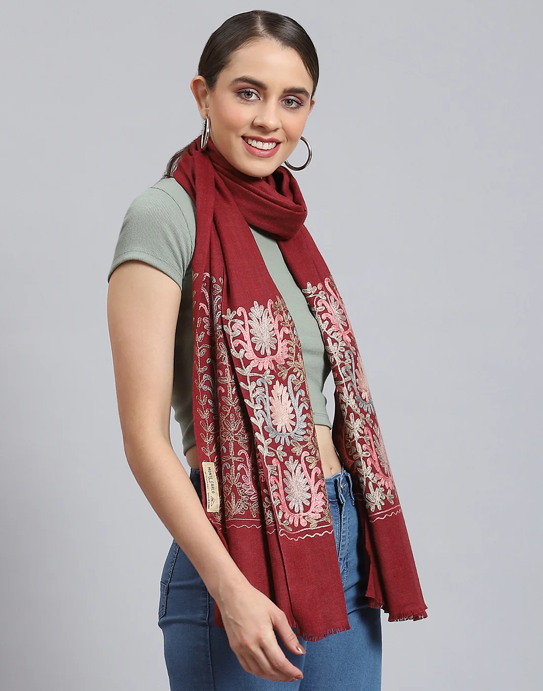 Women Maroon Self Design Stole - Image 5