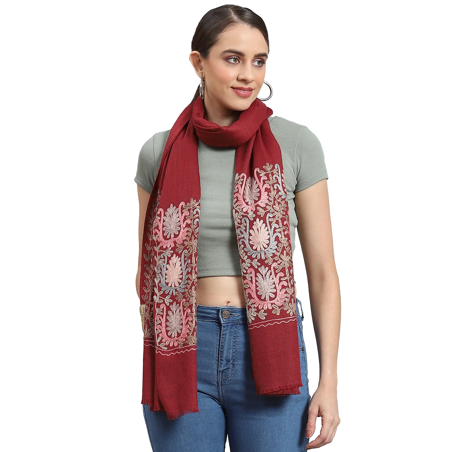 Women Maroon Self Design Stole - Image 6