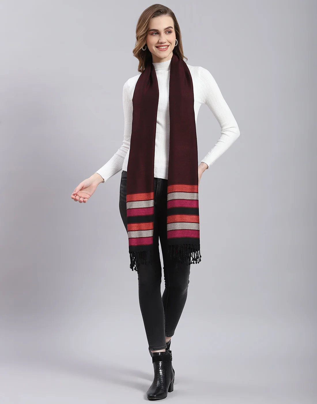 Women Maroon Self Design Stole - Image 3