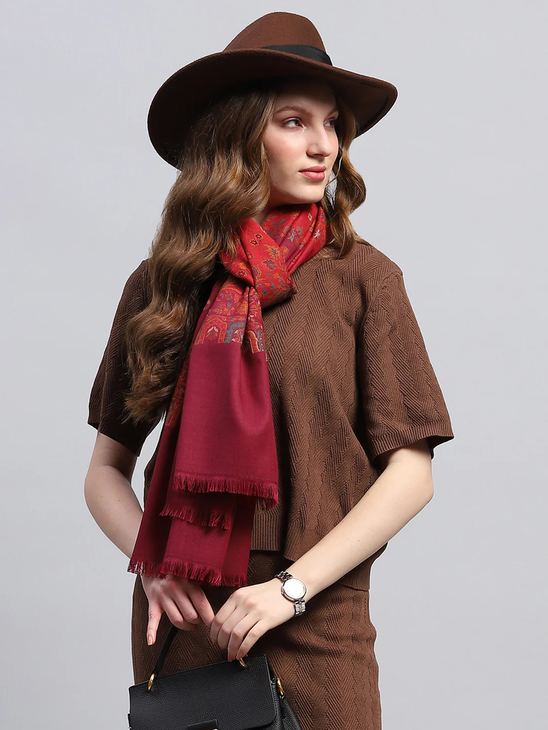 Women Maroon Self Design Stole - Image 6