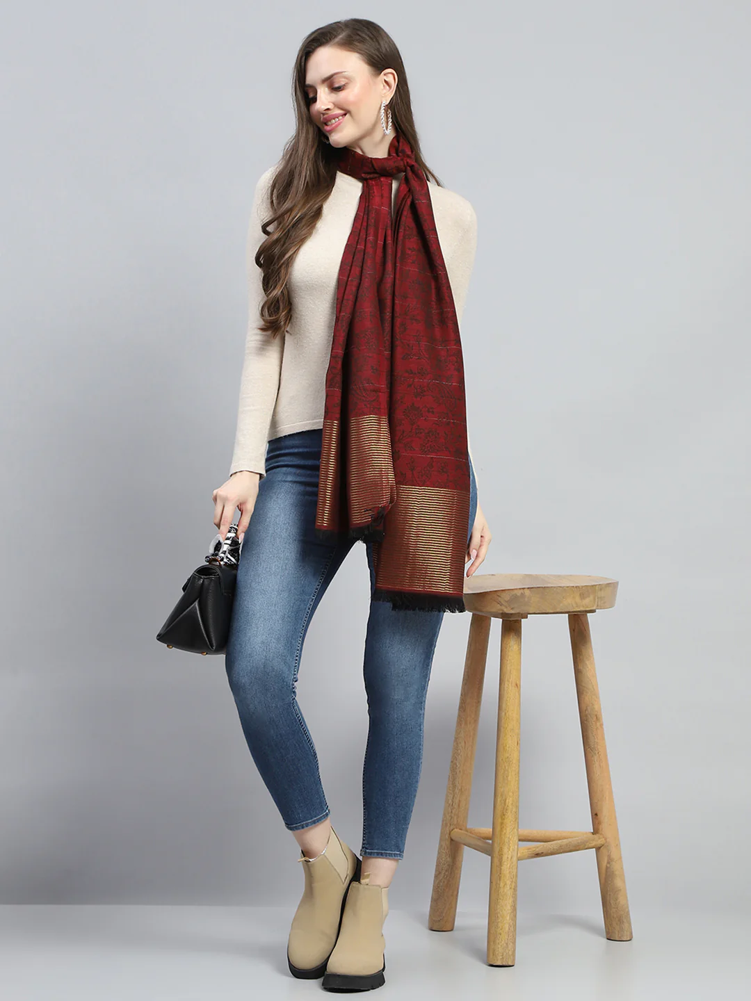 Women Maroon Self Design Stole - Image 2