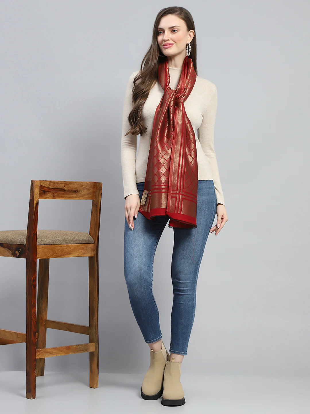 Women Maroon Self Design Stole - Image 2