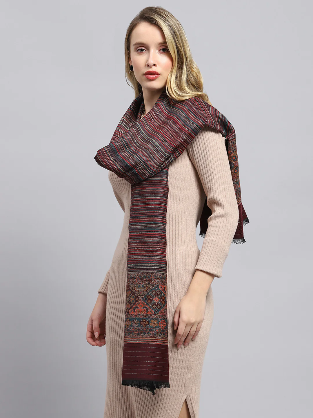 Women Maroon Self Design Stole - Image 4