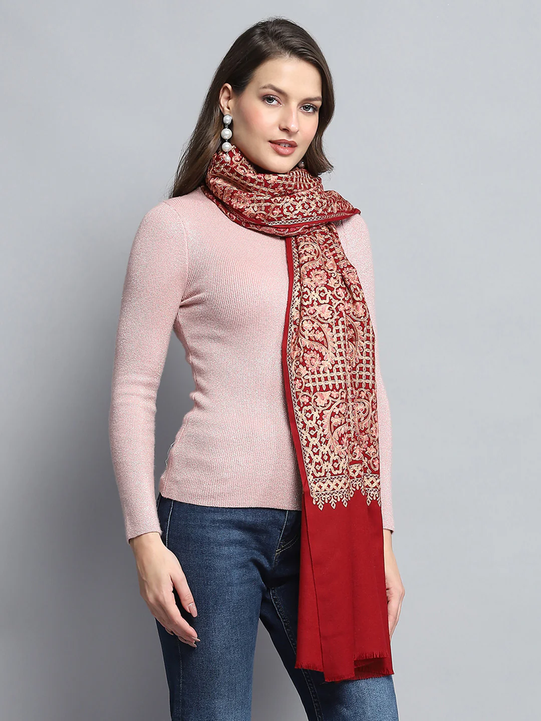 Women Maroon Self Design Stole - Image 4
