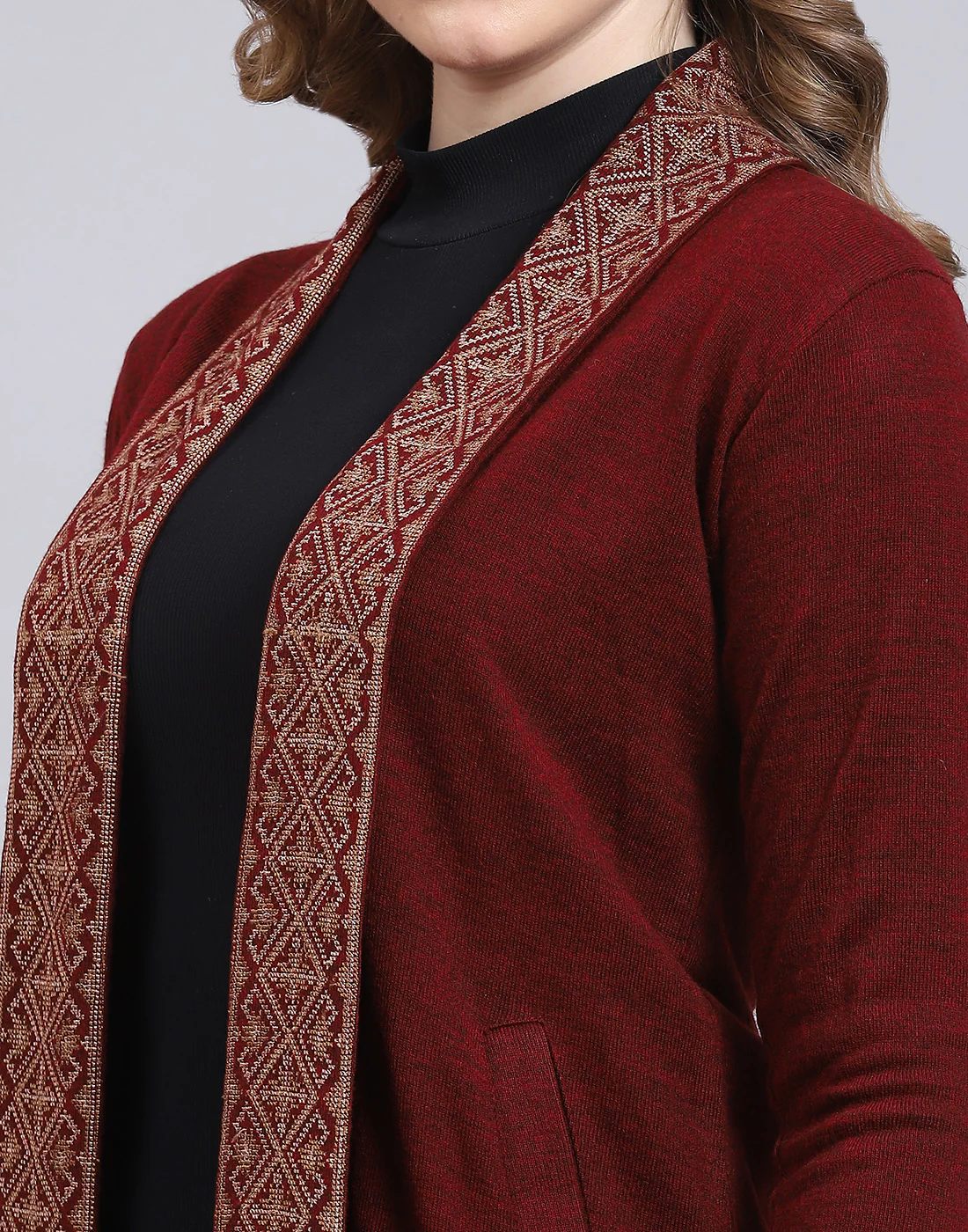 Women Maroon Self Design V Neck Full Sleeve Cardigan - Image 7