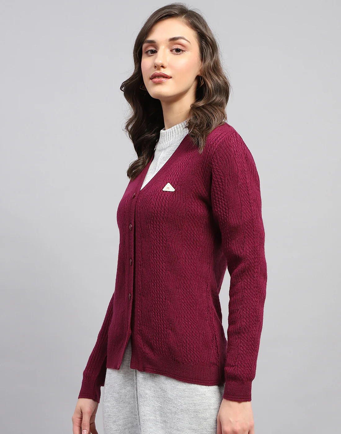 Women Maroon Self Design V Neck Full Sleeve Cardigan - Image 4