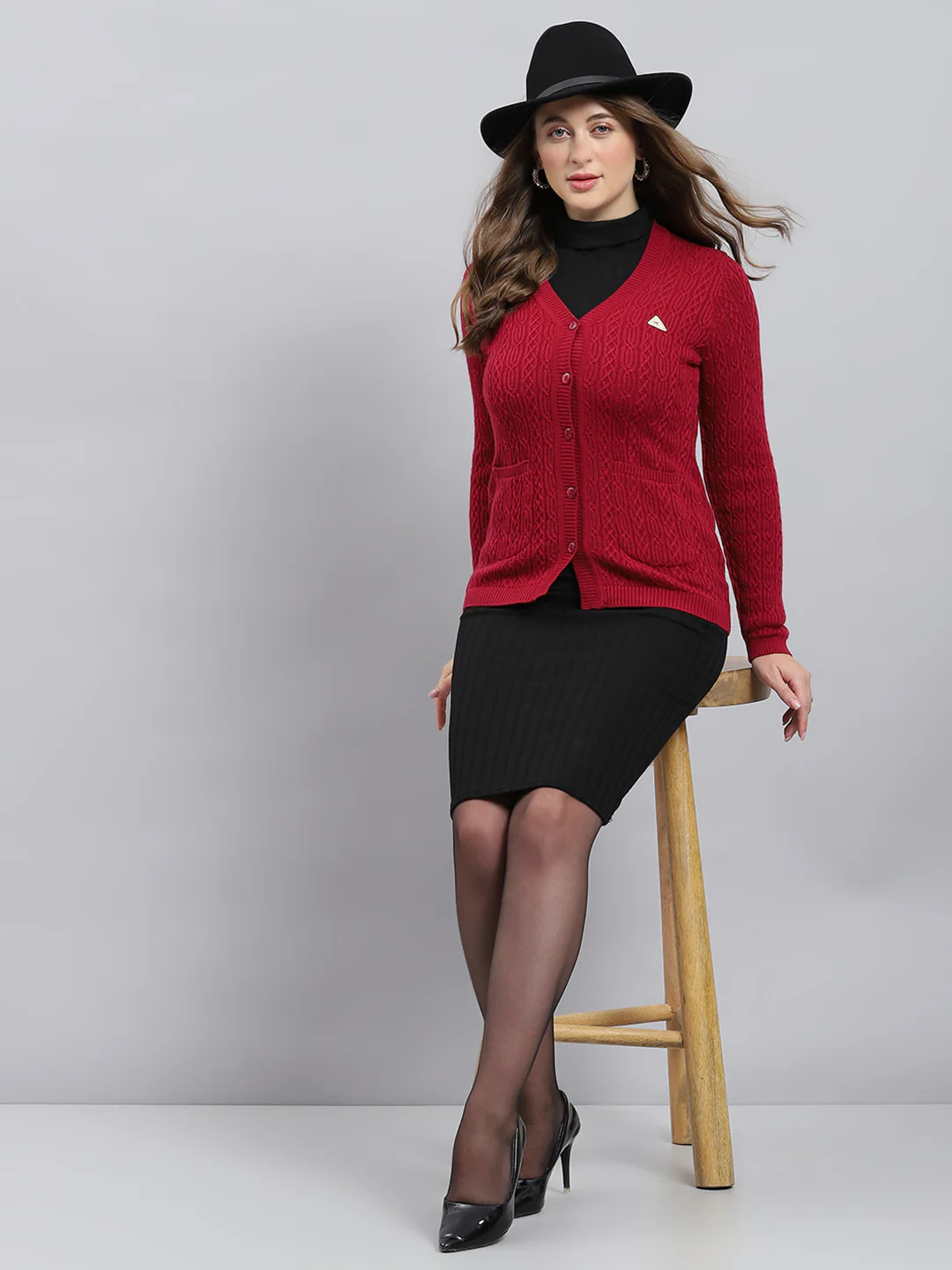 Women Maroon Self Design V Neck Full Sleeve Cardigan - Image 2