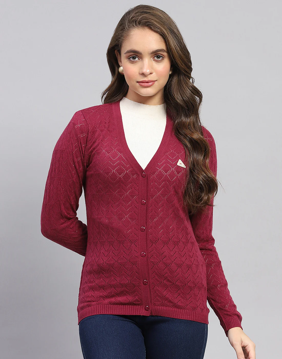 Women Maroon Self Design V Neck Full Sleeve Cardigan - Image 2