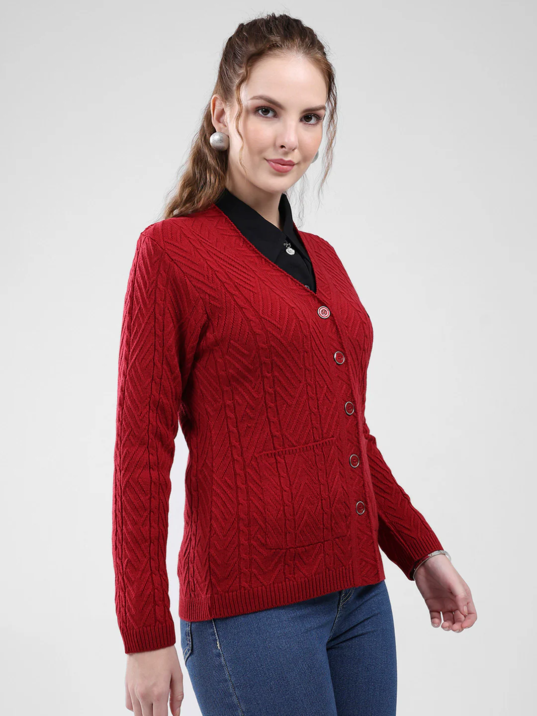 Women Maroon Self Design V Neck Full Sleeve Cardigan - Image 4