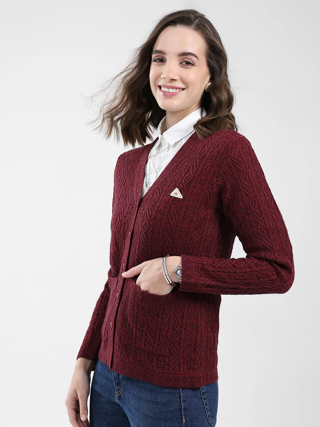 Women Maroon Self Design V Neck Full Sleeve Cardigan - Image 3