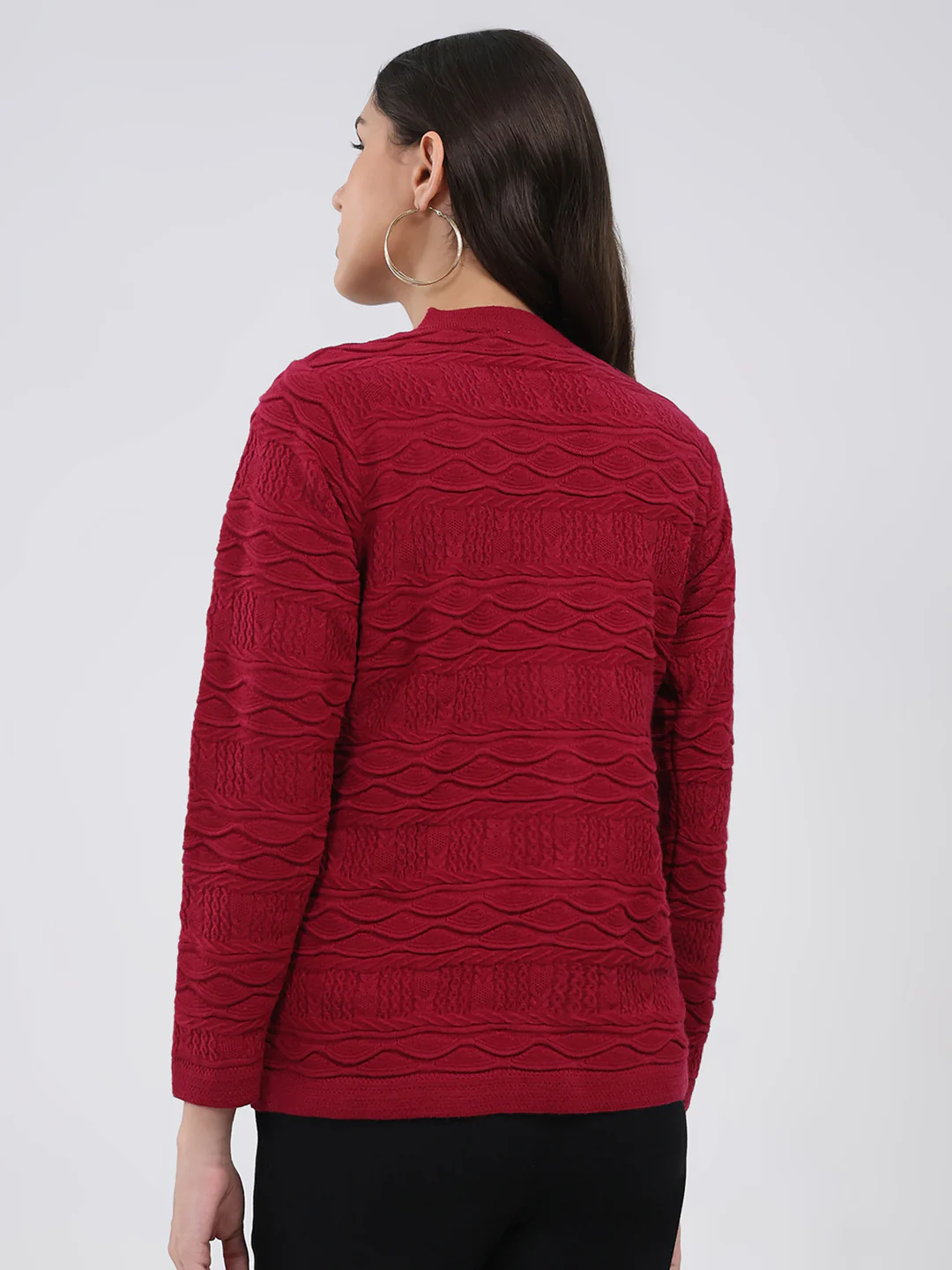 Women Maroon Self Design V Neck Full Sleeve Cardigan - Image 5