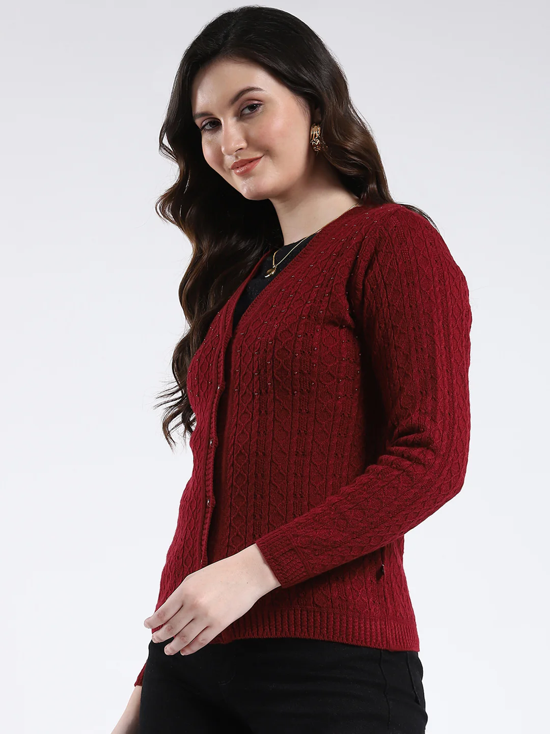 Women Maroon Self Design V Neck Full Sleeve Cardigan - Image 3