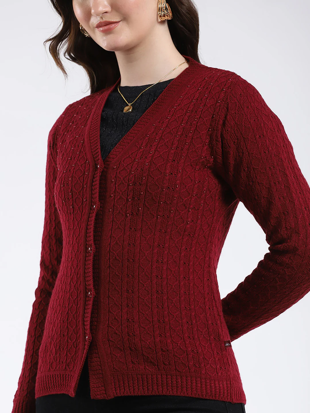 Women Maroon Self Design V Neck Full Sleeve Cardigan - Image 6