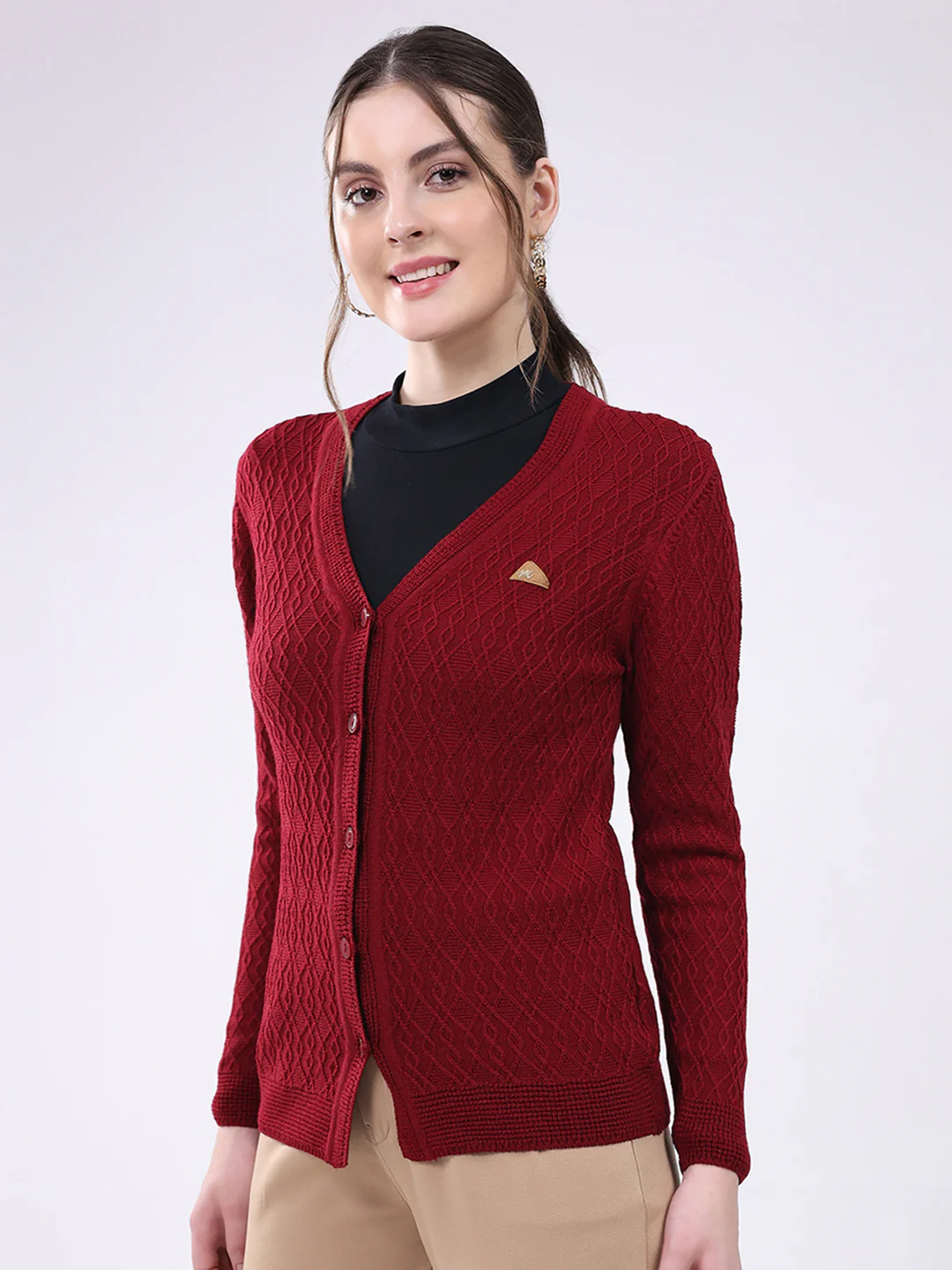 Women Maroon Self Design V Neck Full Sleeve Cardigan - Image 3