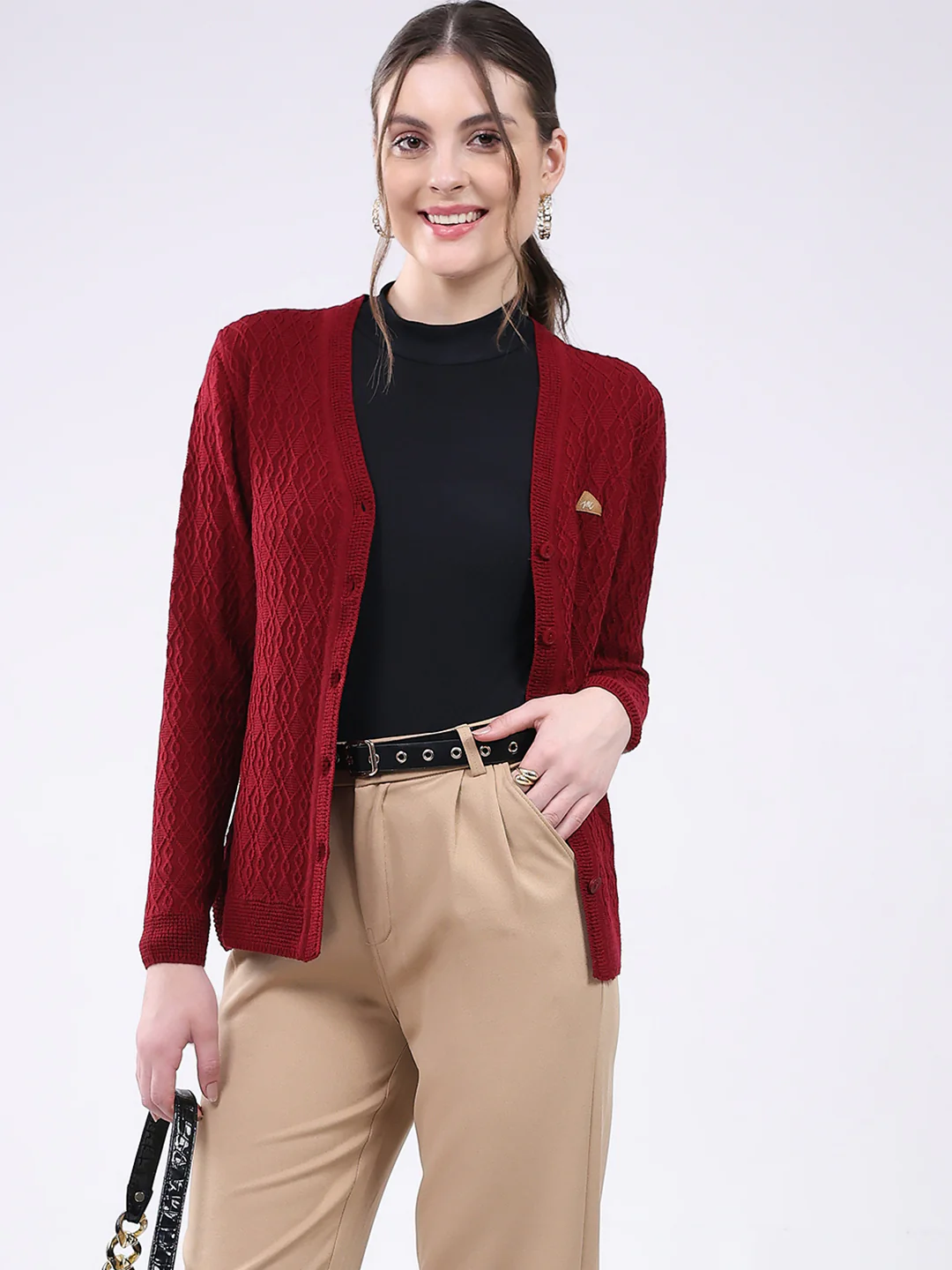 Women Maroon Self Design V Neck Full Sleeve Cardigan - Image 6