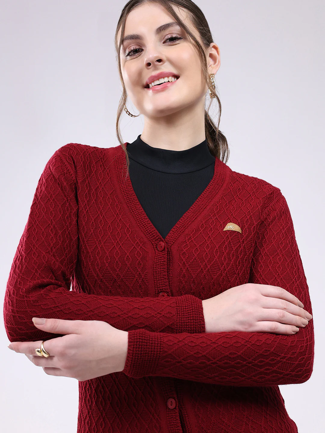 Women Maroon Self Design V Neck Full Sleeve Cardigan - Image 7