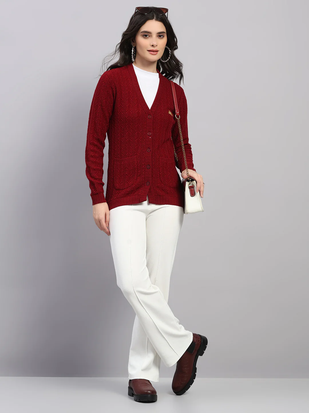 Women Maroon Self Design V Neck Full Sleeve Cardigan - Image 2