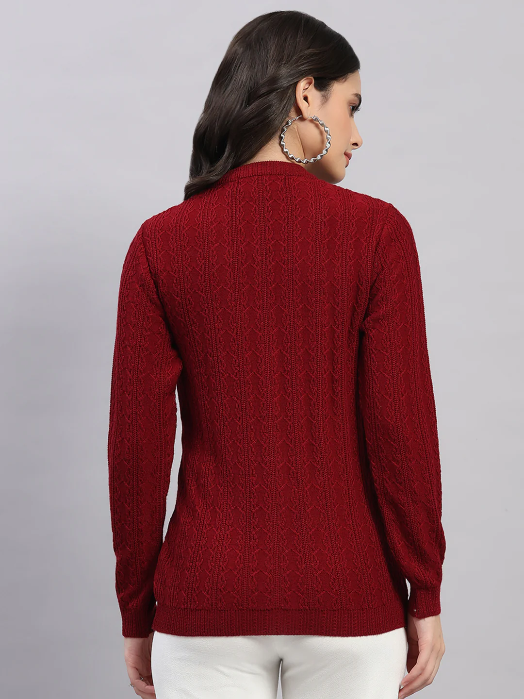 Women Maroon Self Design V Neck Full Sleeve Cardigan - Image 5