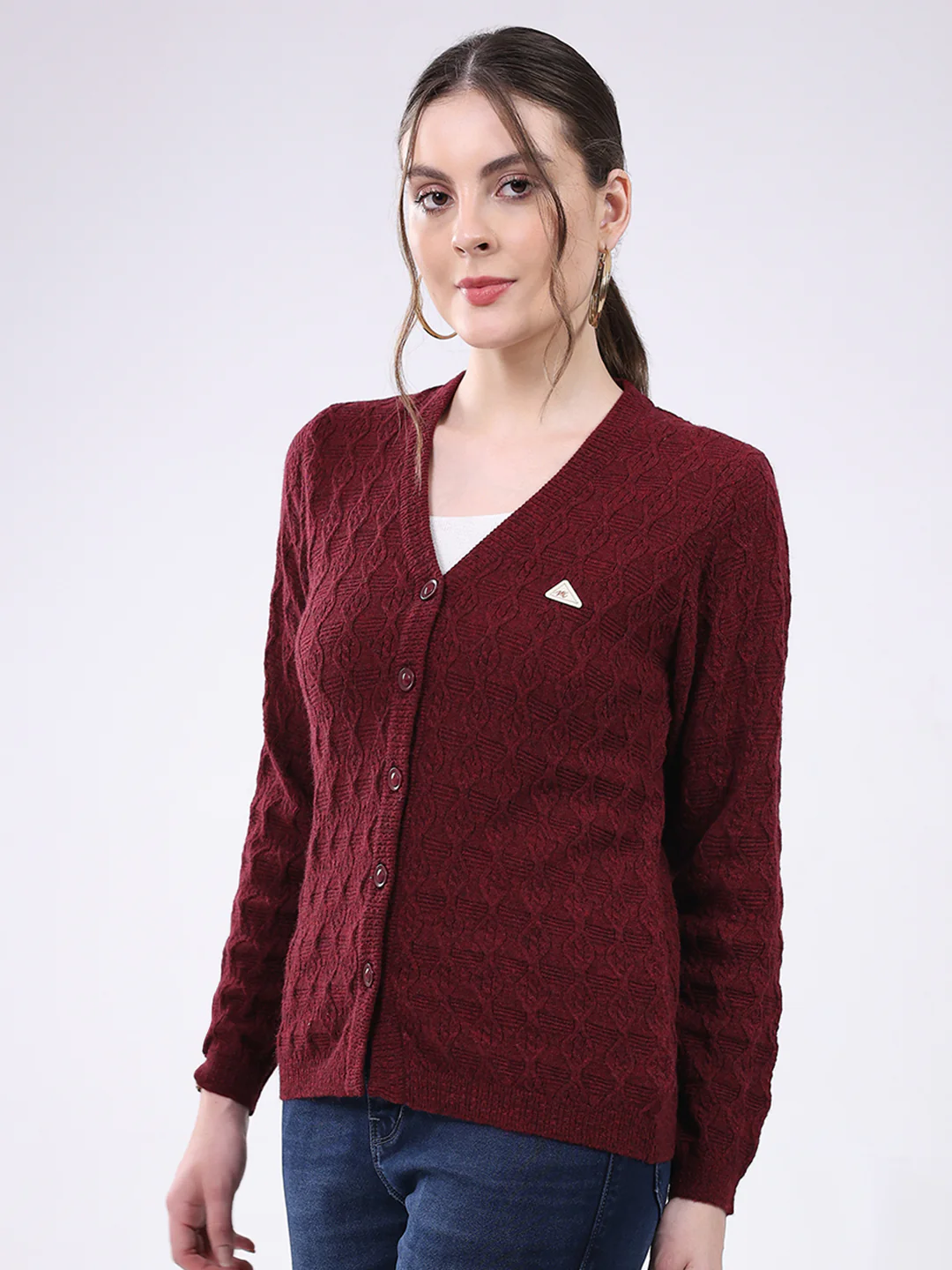 Women Maroon Self Design V Neck Full Sleeve Cardigan - Image 3