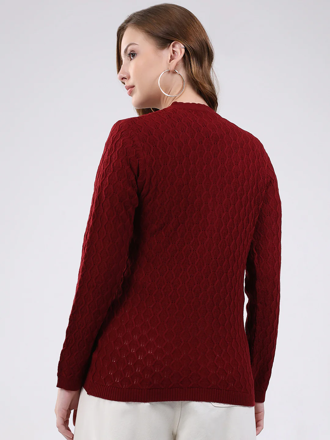 Women Maroon Self Design V Neck Full Sleeve Cardigan - Image 5