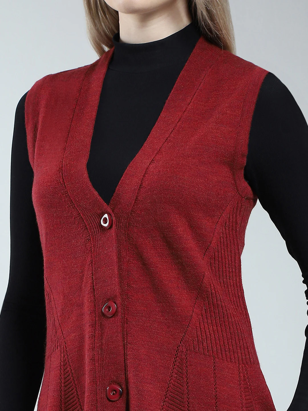 Women Maroon Self Design V Neck Sleeveless Cardigan - Image 6