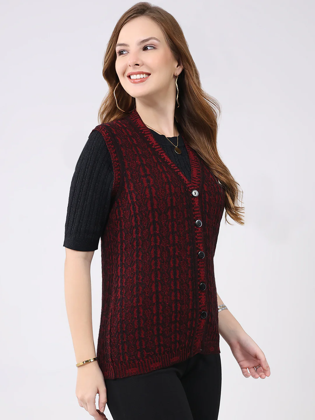 Women Maroon Self Design V Neck Sleeveless Cardigan - Image 4