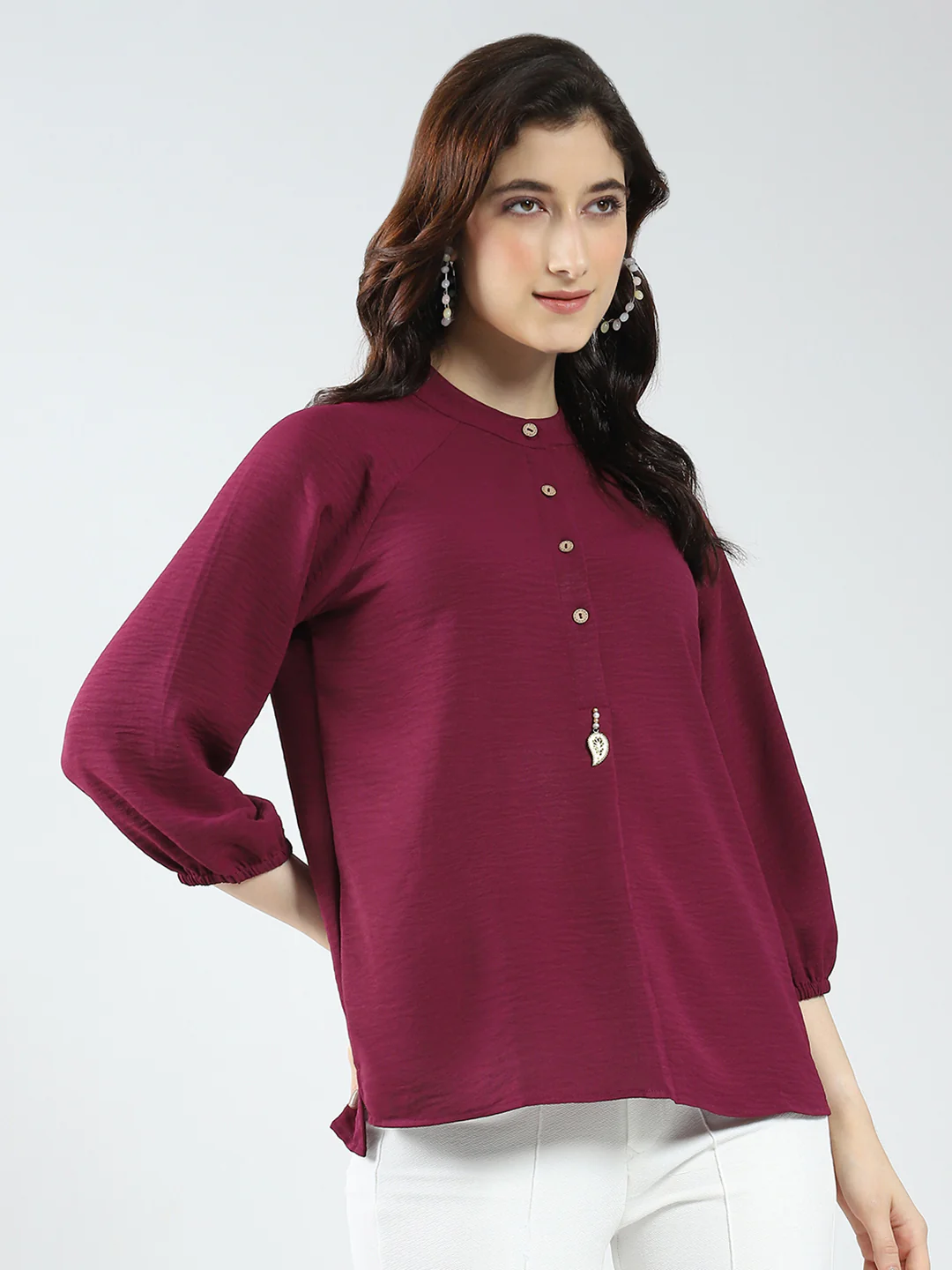 Women Maroon Solid Band Neck 3/4th Sleeve Top - Image 5