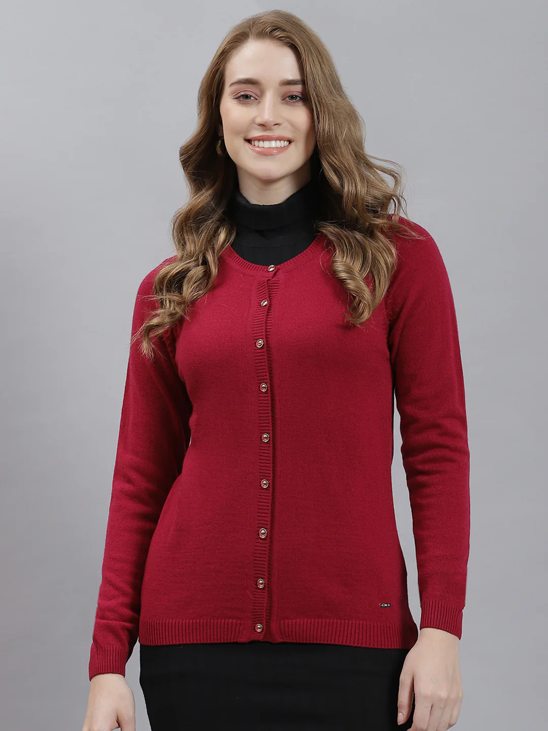 Women Maroon Solid Cardigan - Image 2