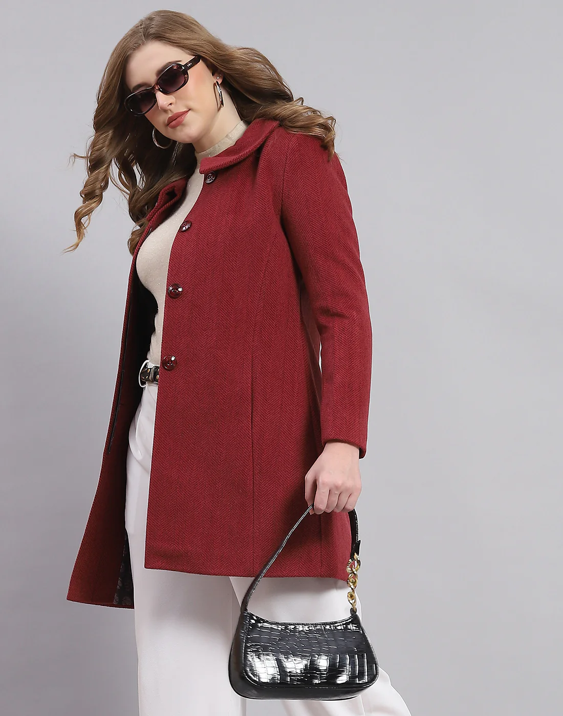 Women Maroon Solid Collar Full Sleeve Coat - Image 6