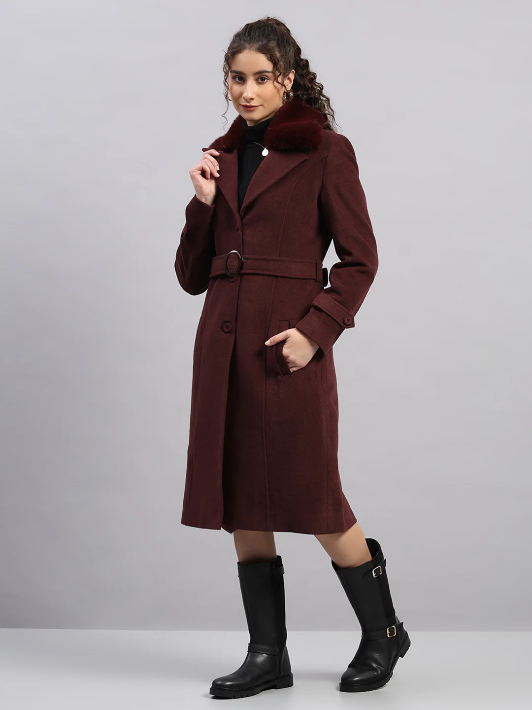 Women Maroon Solid Collar Full Sleeve Coat - Image 3