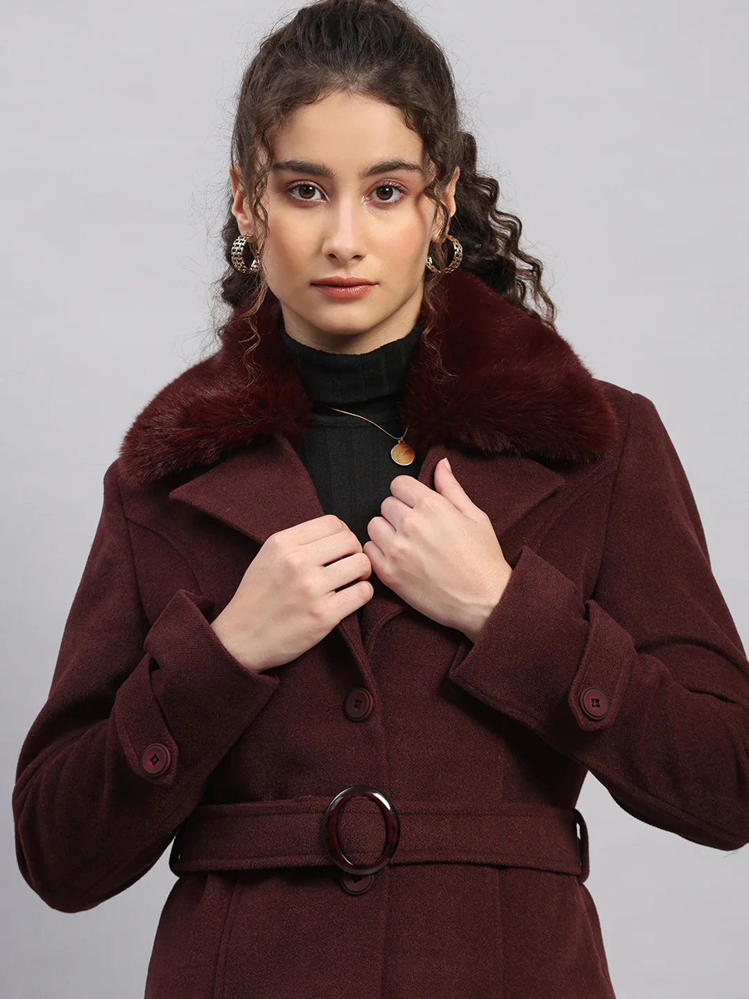 Women Maroon Solid Collar Full Sleeve Coat - Image 7