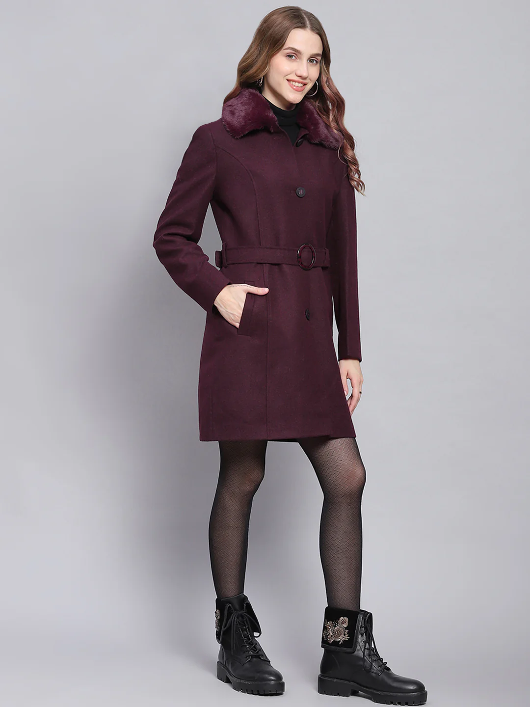 Women Maroon Solid Collar Full Sleeve Coats - Image 4
