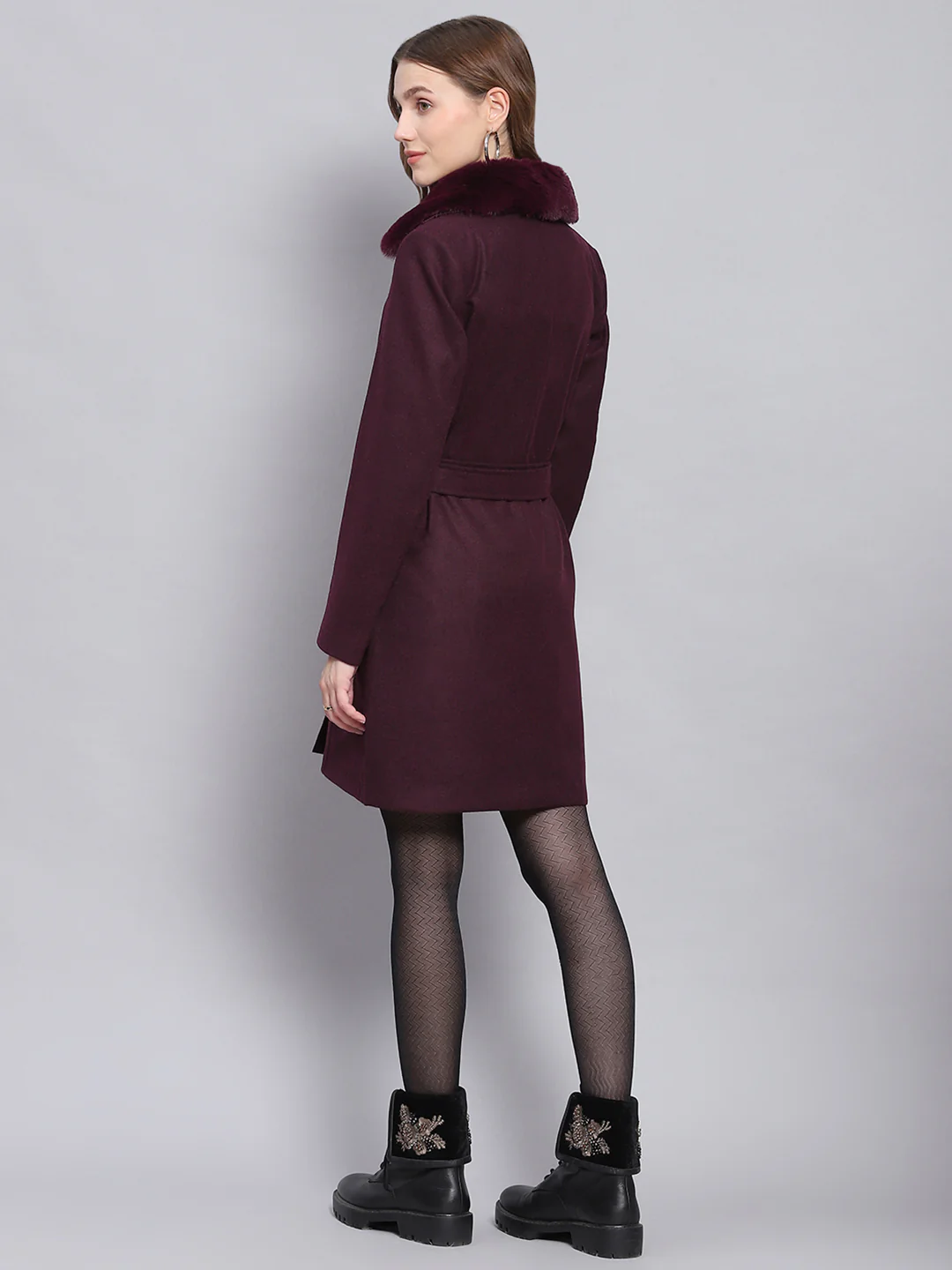 Women Maroon Solid Collar Full Sleeve Coats - Image 5