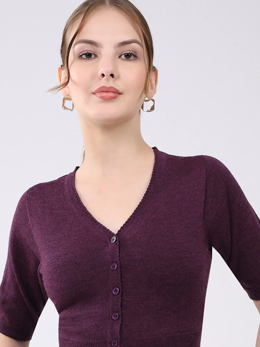 Women Maroon Solid Front Open Half Sleeve Cardigan - Image 6
