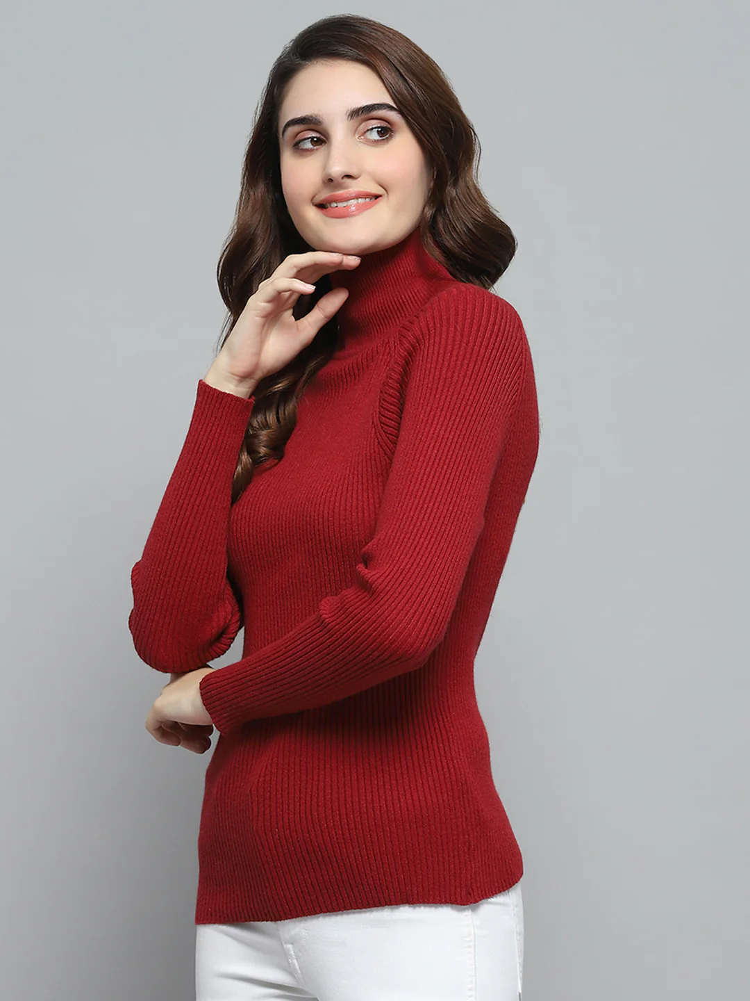 Women Maroon Solid High Neck Full Sleeve Sceavy - Image 3
