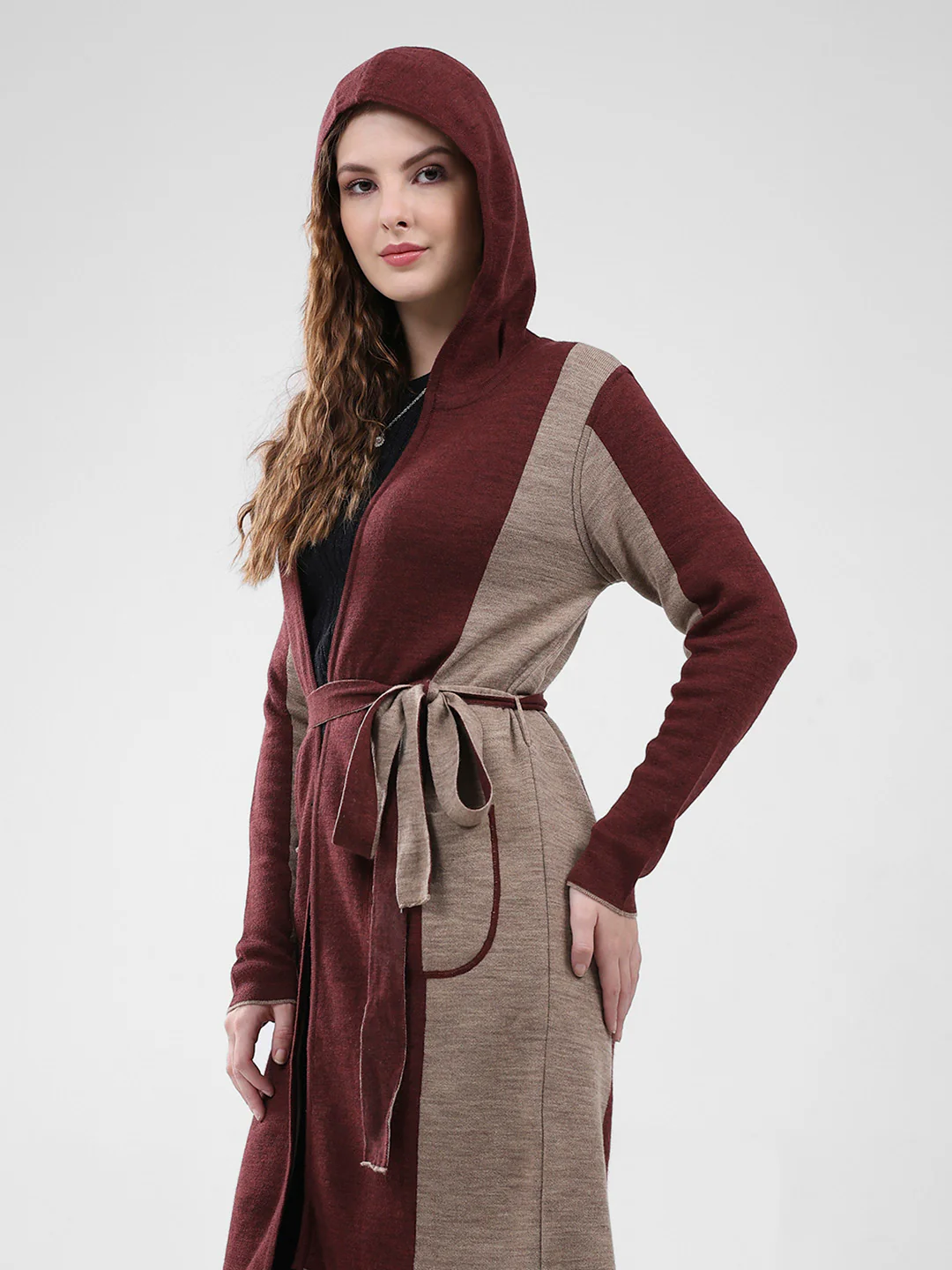 Women Maroon Solid Hooded Full Sleeve Cardigan - Image 6