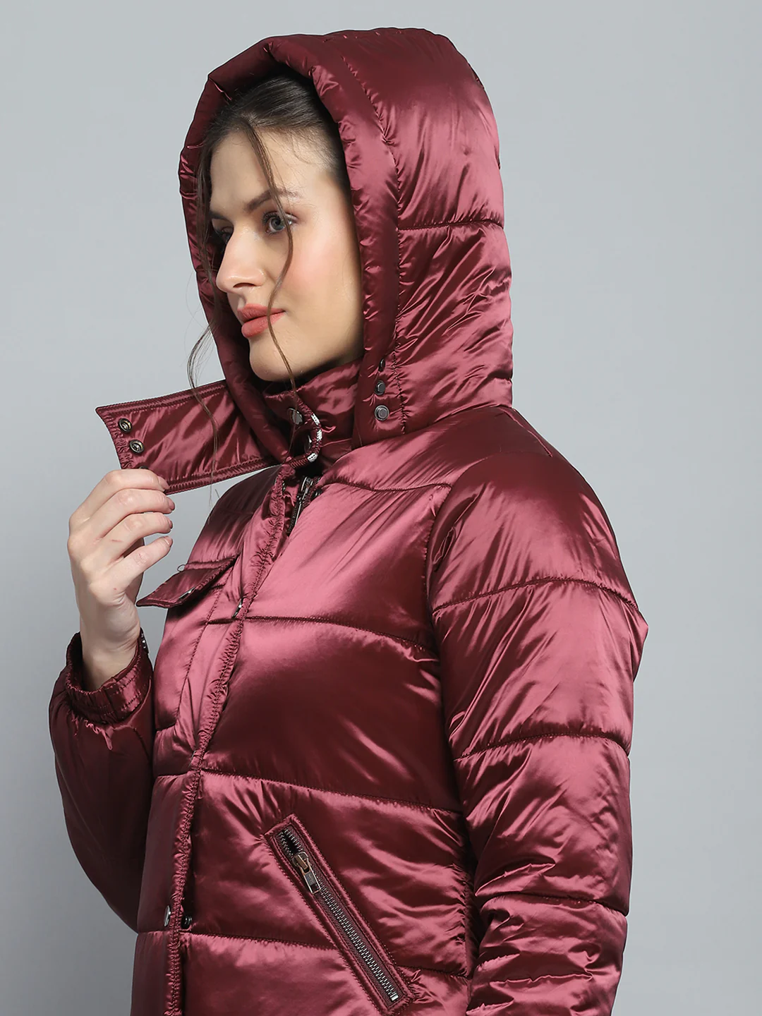 Women Maroon Solid Hooded Full Sleeve Jacket - Image 7