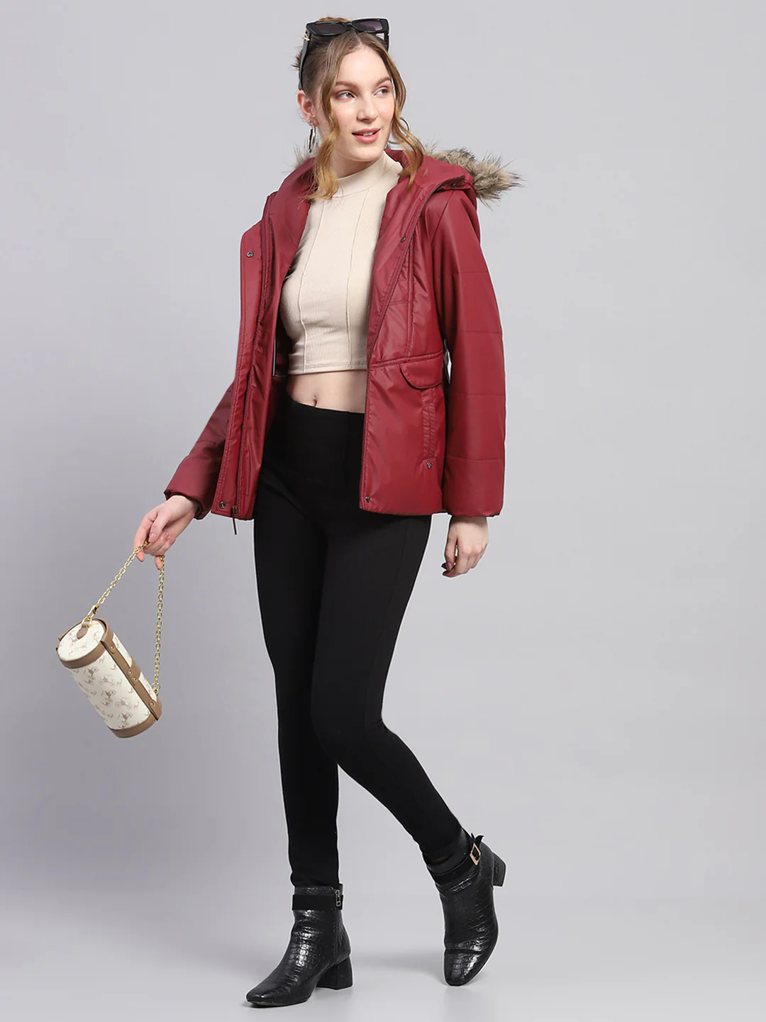 Women Maroon Solid Hooded Full Sleeve Jacket - Image 2