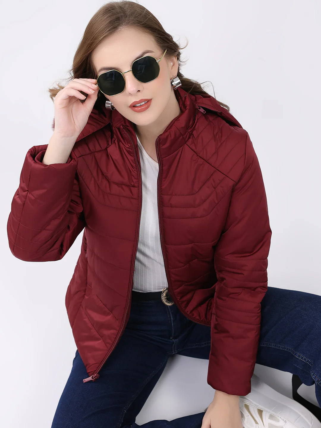 Women Maroon Solid Hooded Full Sleeve Jacket - Image 6