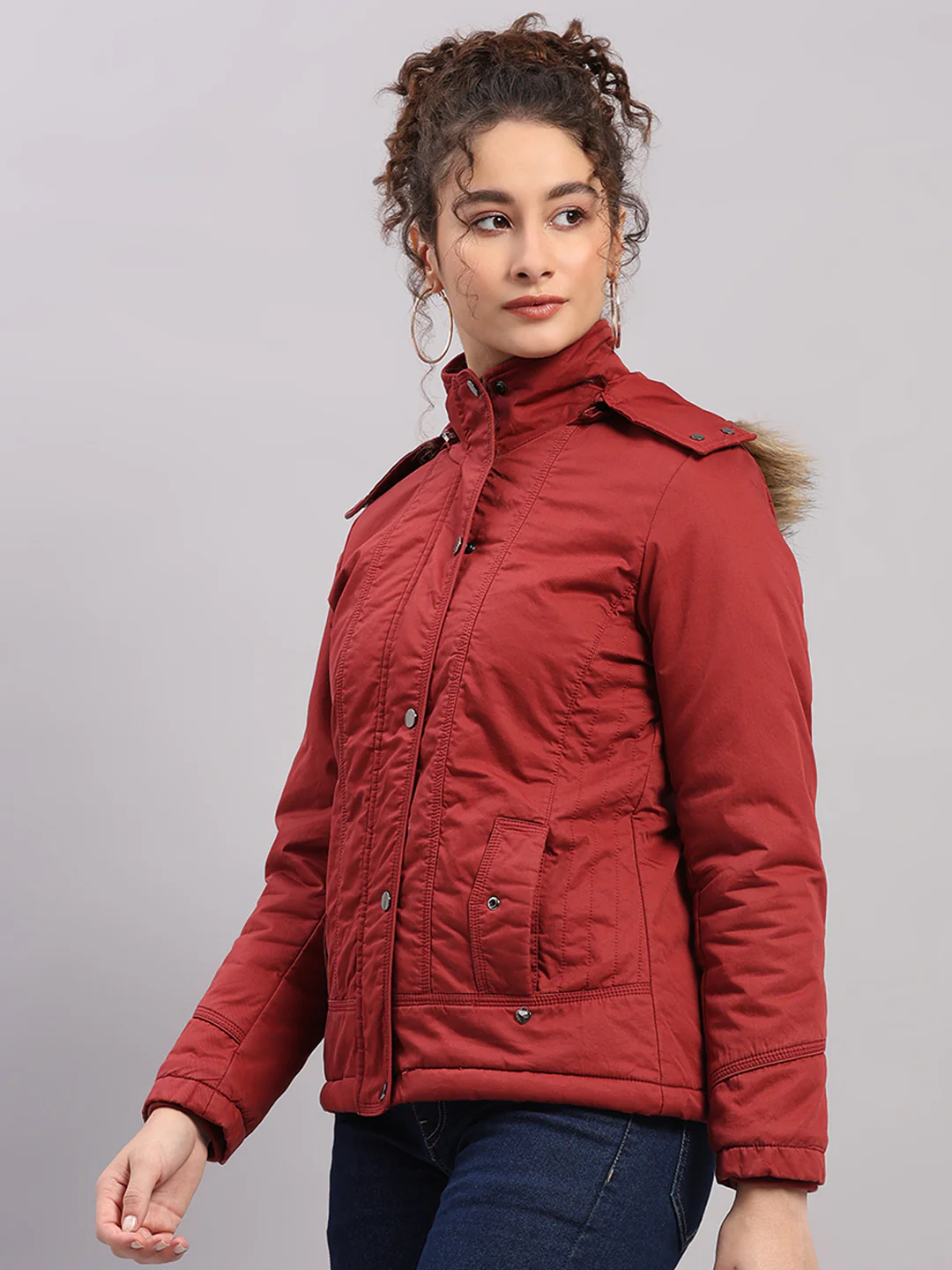 Women Maroon Solid Hooded Full Sleeve Jacket - Image 3