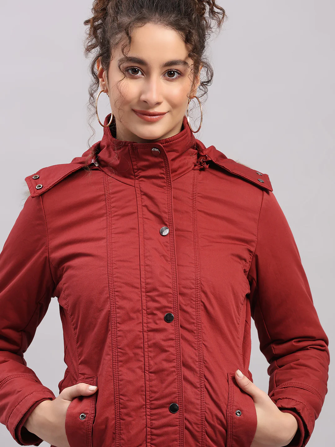 Women Maroon Solid Hooded Full Sleeve Jacket - Image 8