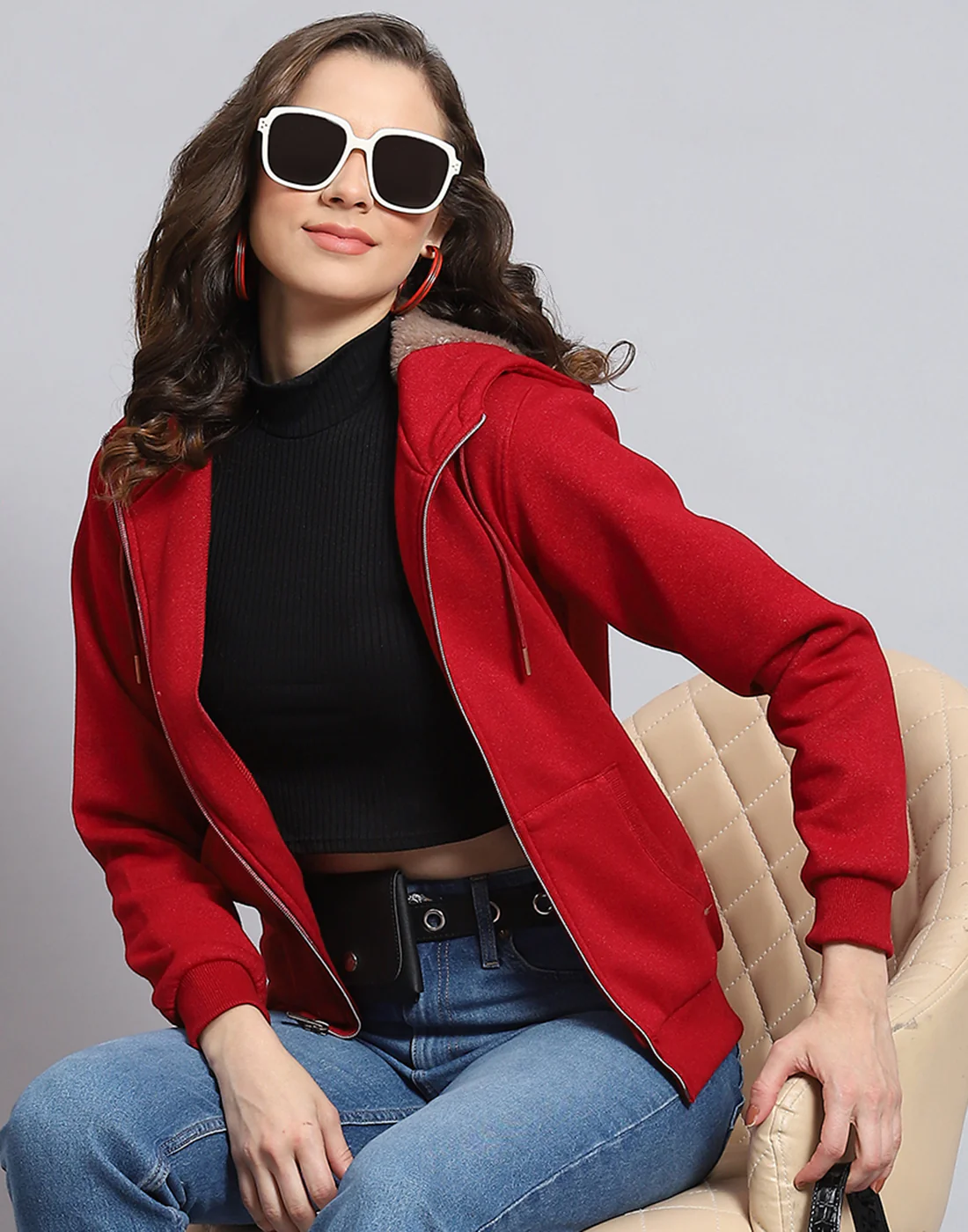 Women Maroon Solid Hooded Full Sleeve Sweatshirt - Image 2