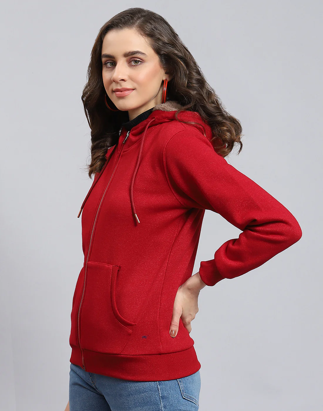 Women Maroon Solid Hooded Full Sleeve Sweatshirt - Image 3