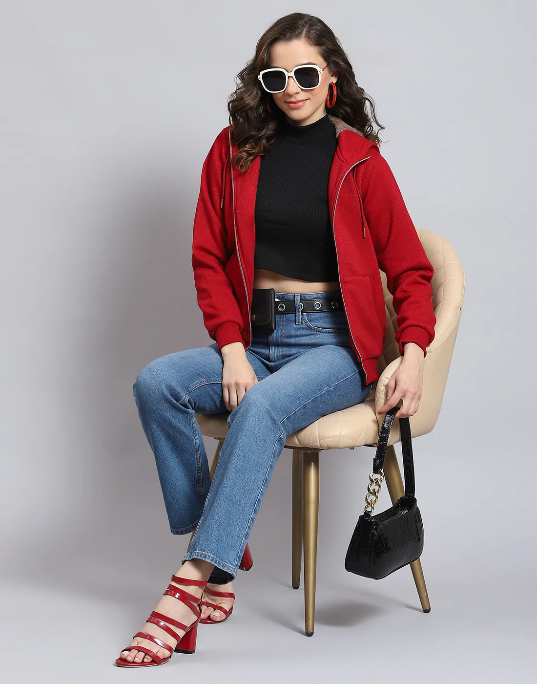 Women Maroon Solid Hooded Full Sleeve Sweatshirt - Image 5