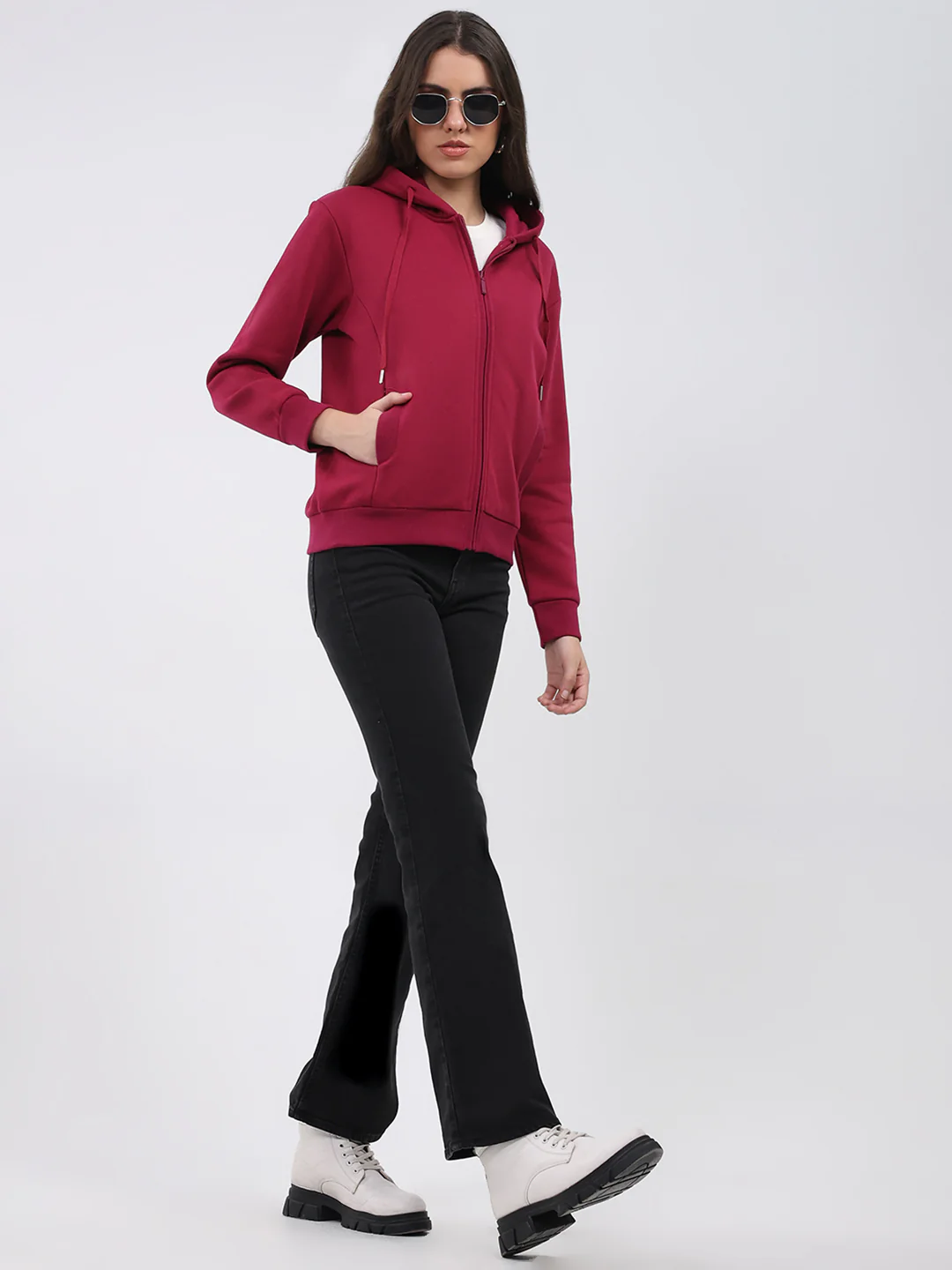 Women Maroon Solid Hooded Full Sleeve Sweatshirt - Image 2