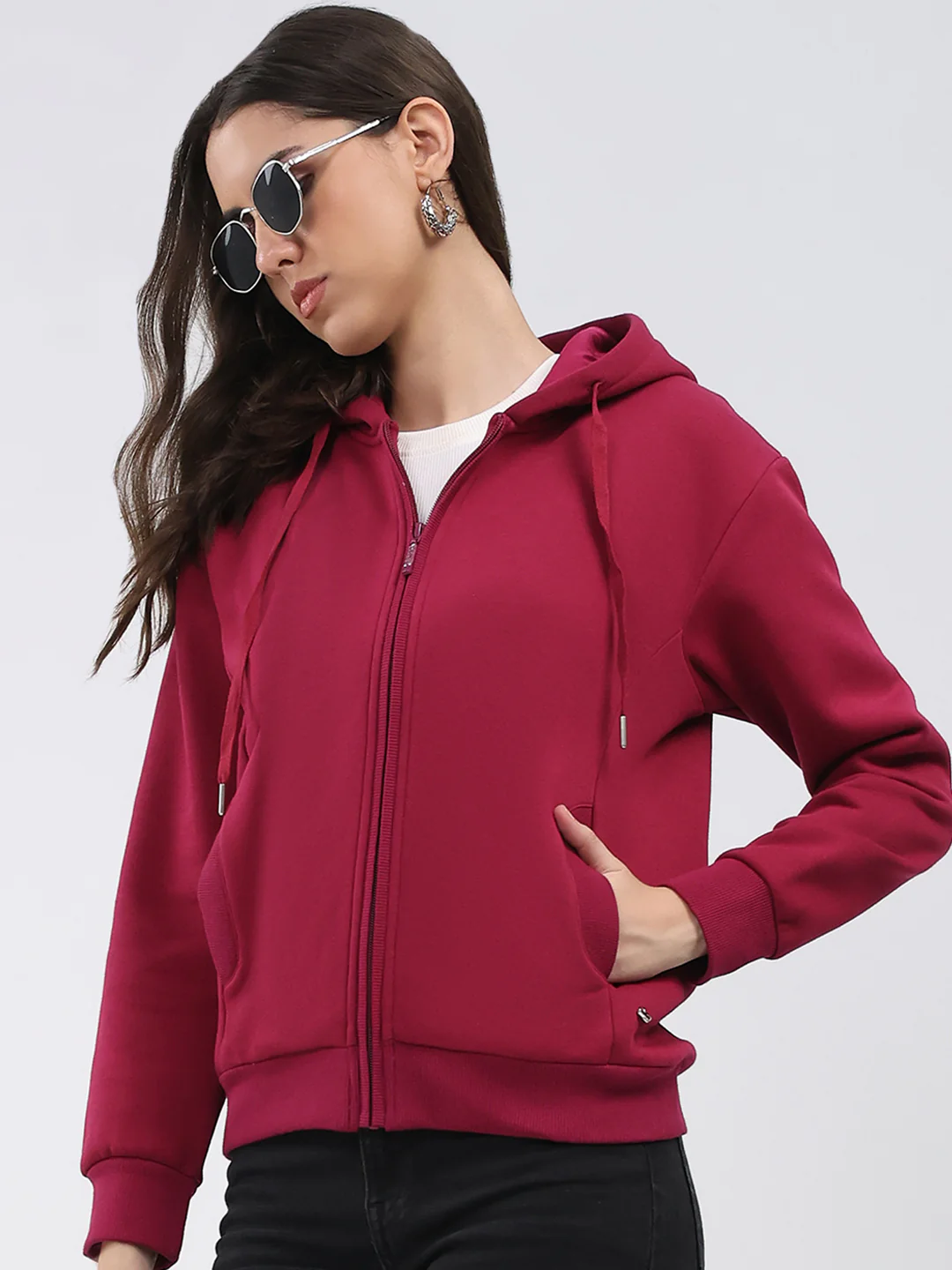 Women Maroon Solid Hooded Full Sleeve Sweatshirt - Image 6
