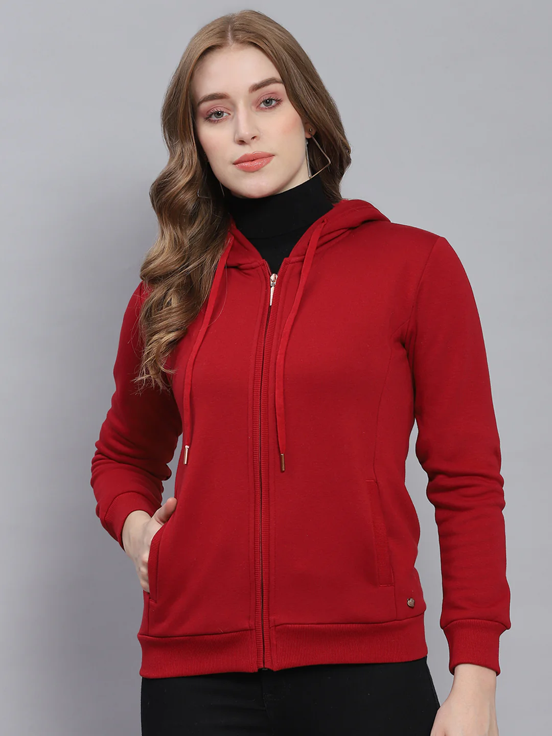 Women Maroon Solid Hooded Full Sleeve Sweatshirts - Image 2