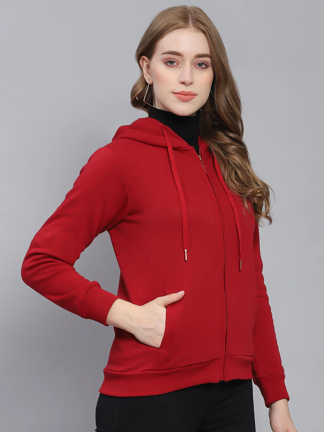 Women Maroon Solid Hooded Full Sleeve Sweatshirts - Image 4