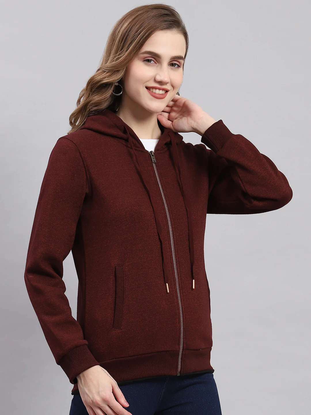 Women Maroon Solid Hooded Full Sleeve Sweatshirts - Image 4