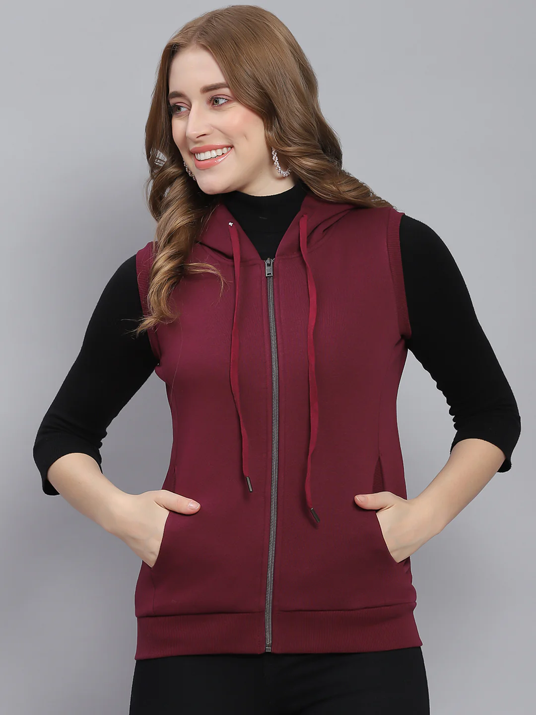 Women Maroon Solid Hooded Sleeveless Sweatshirts - Image 2